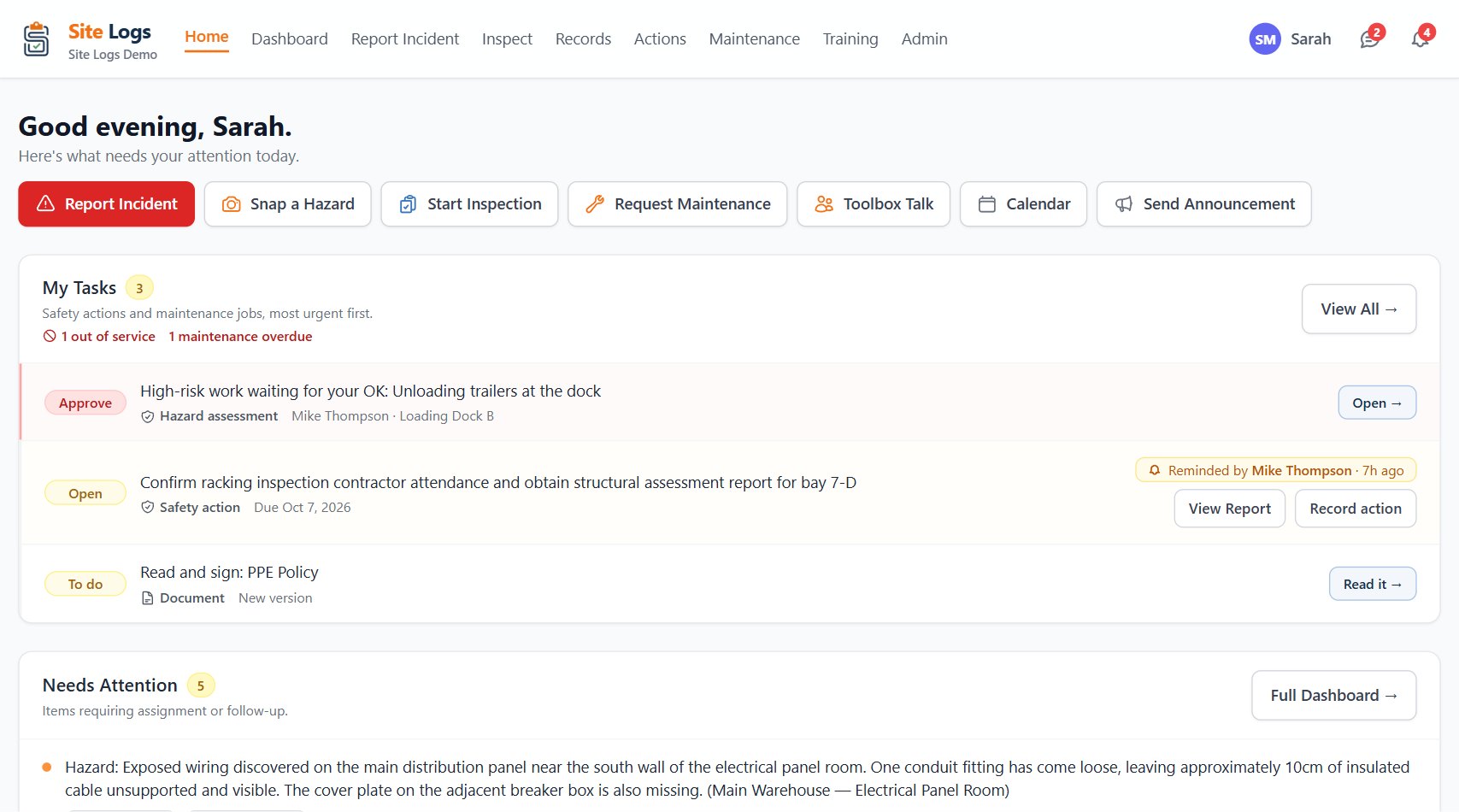 Site Logs manager home screen showing tasks and items needing attention