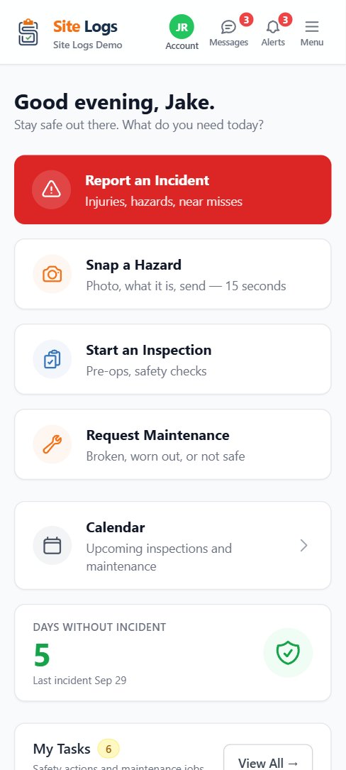 The Site Logs home screen on a phone